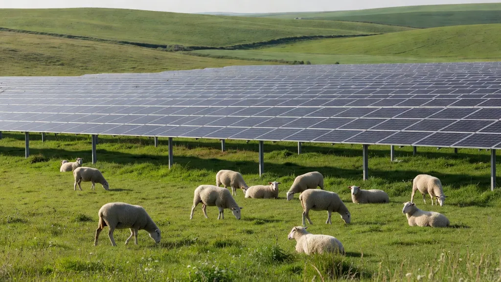 Moutons pâturant sous une structure photovoltaïque surélevée dans une prairie
