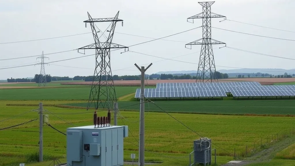 Poste électrique rural et lignes moyenne tension traversant des champs