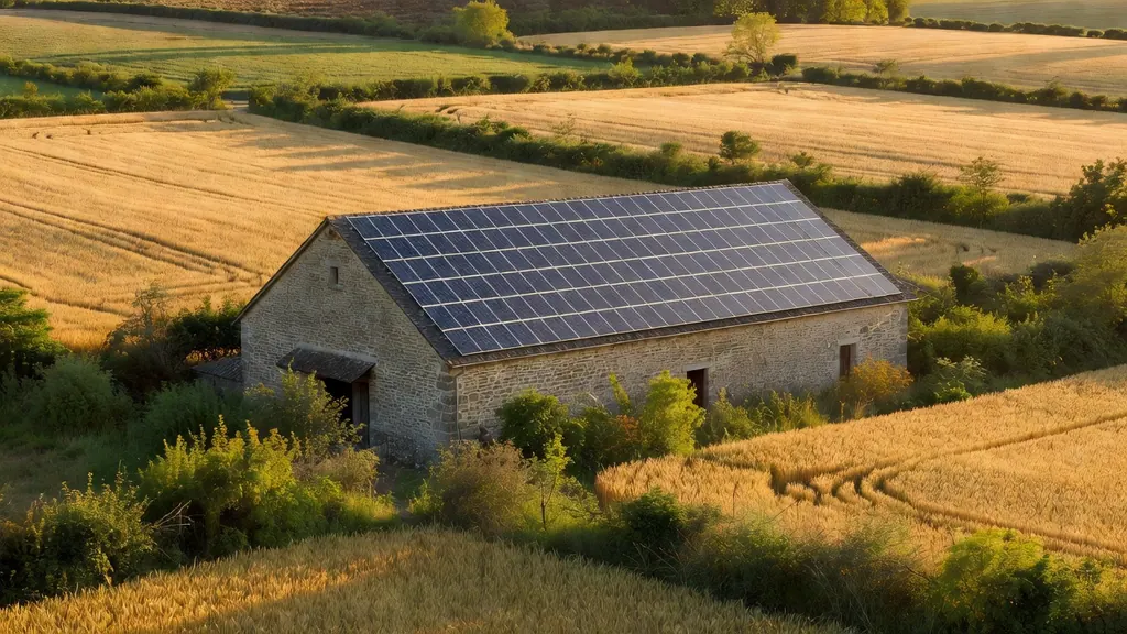 Grand hangar agricole dont le pan de toiture est entièrement couvert de panneaux photovoltaïques, au milieu de champs